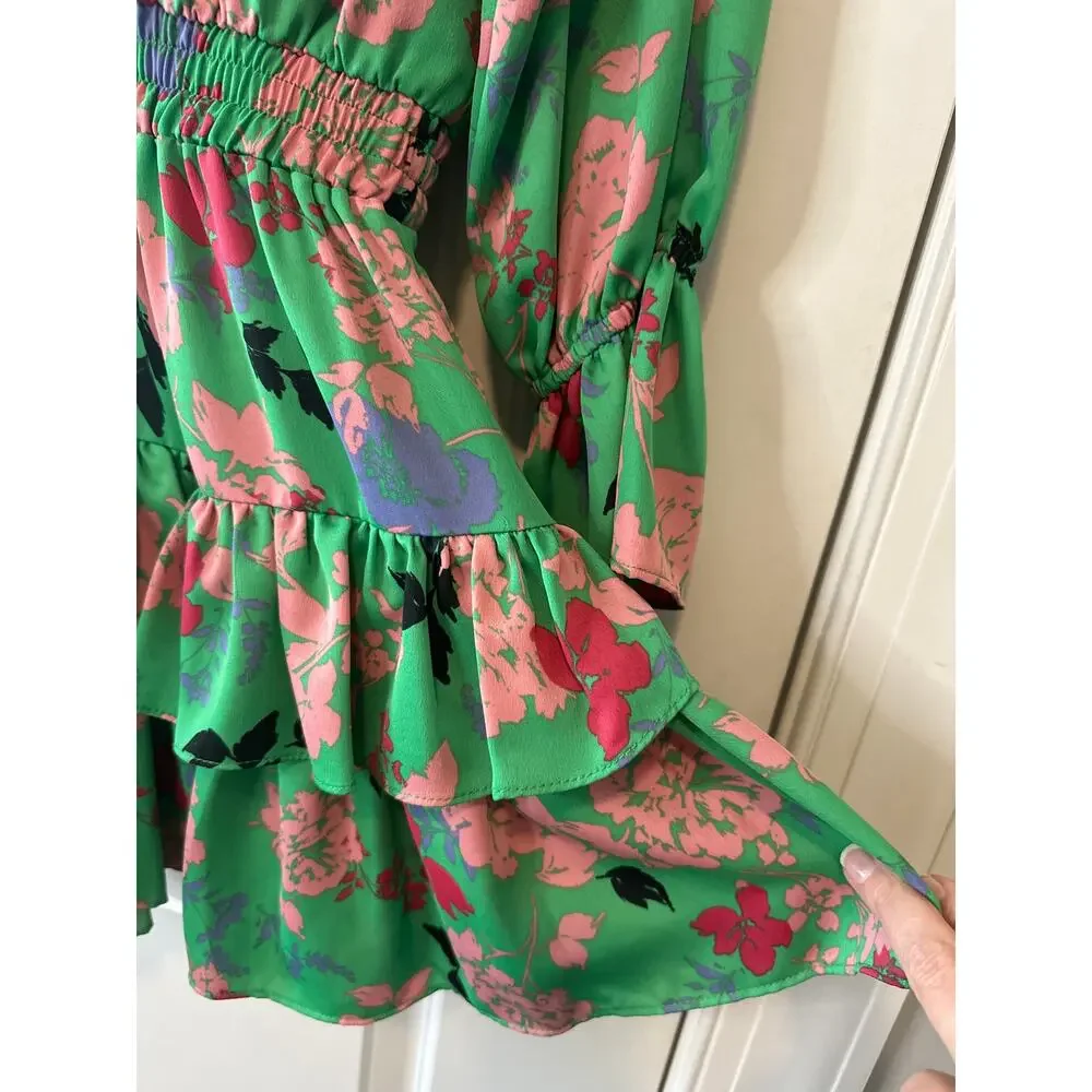 MISA Los Angeles Amalya Green Floral Tiered Ruffle Mini Dress XS Boho - Picture 10 of 11